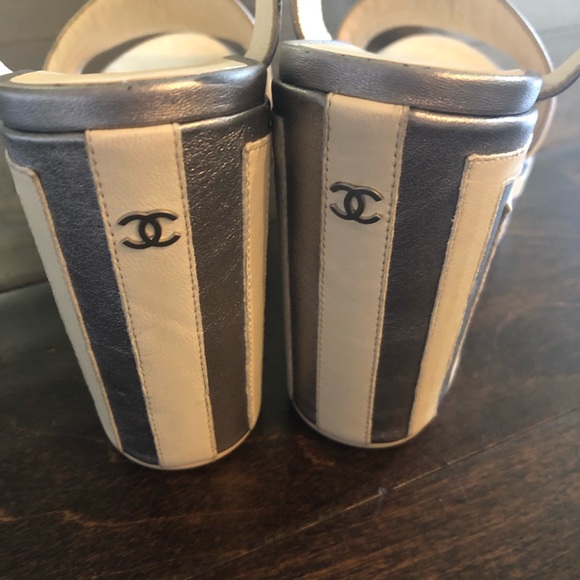 CHANEL Striped Silver White Platform Wedge Shoes - Picture 3 of 7